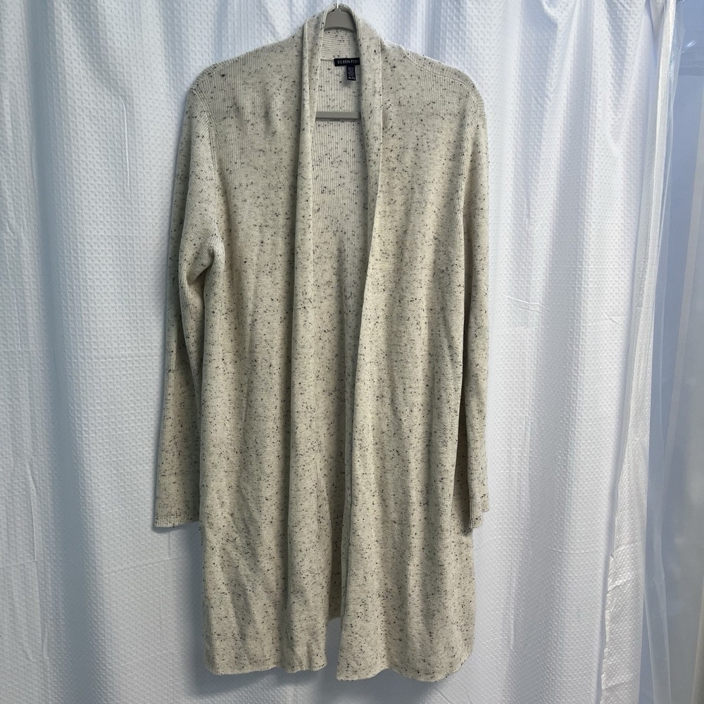 Eileen Fisher Ecru Speckled Organic Cotton Open Front Longline Cardigan Sweater